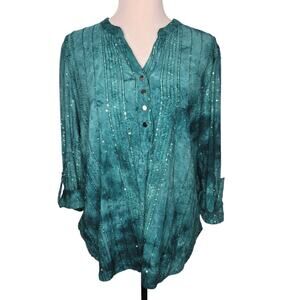 Cocomo Top Teal Green Sequin Blouse 3/4 Sleeve Roll Up Tunic Stretch Tie Dye